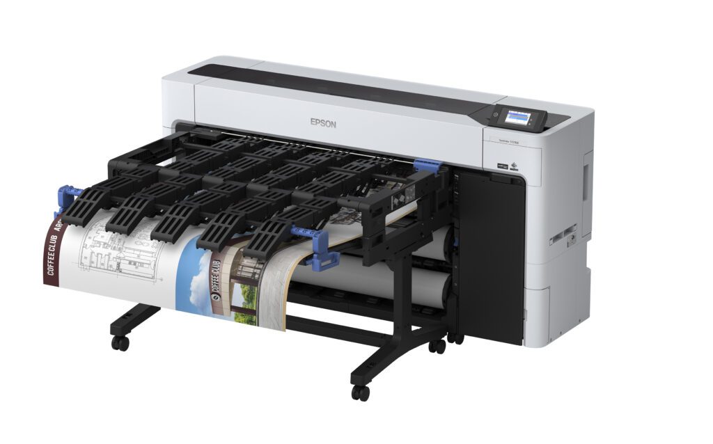 Epson SureColor T7770D with production stacker holding print, Wide format printer, wide format printer for sale, wide format printer for rent, wide format printing services